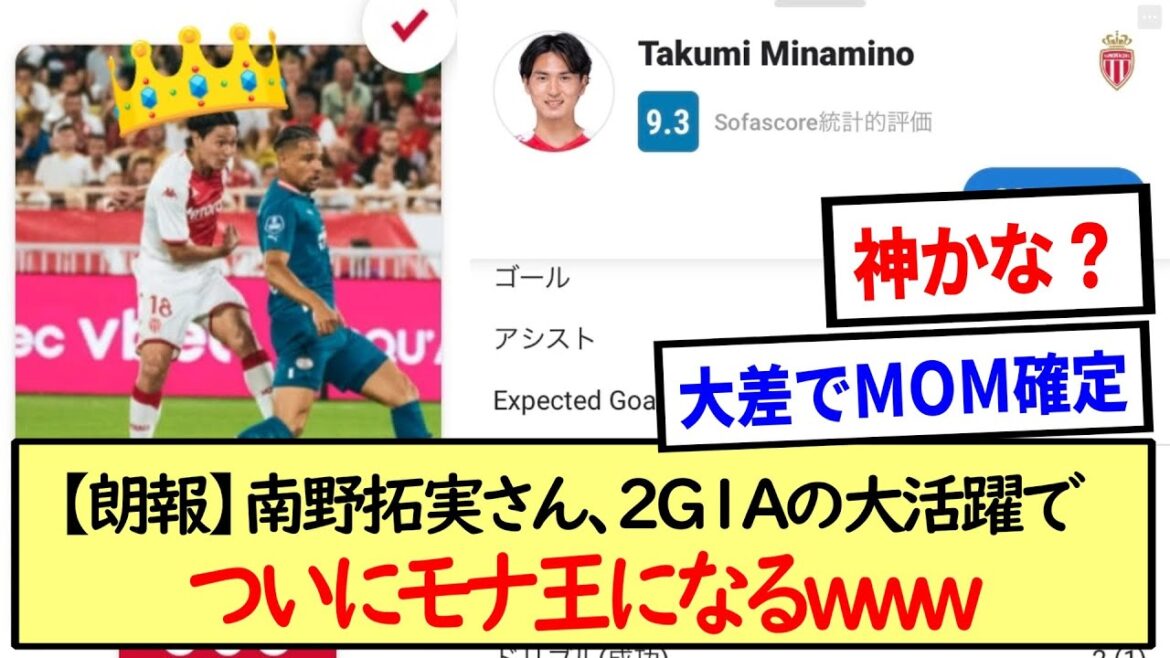 【朗報】南野拓実さん、2G1Aの大活躍でついにモナ王になる😍※2ch反応※