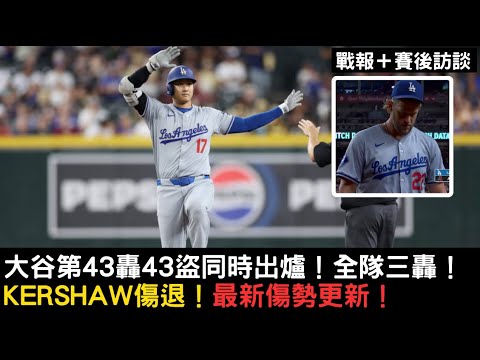 大谷翔平43轟43盜同天出爐!Kershaw傷退最新狀態更新!道奇全隊三轟鎖定勝局!