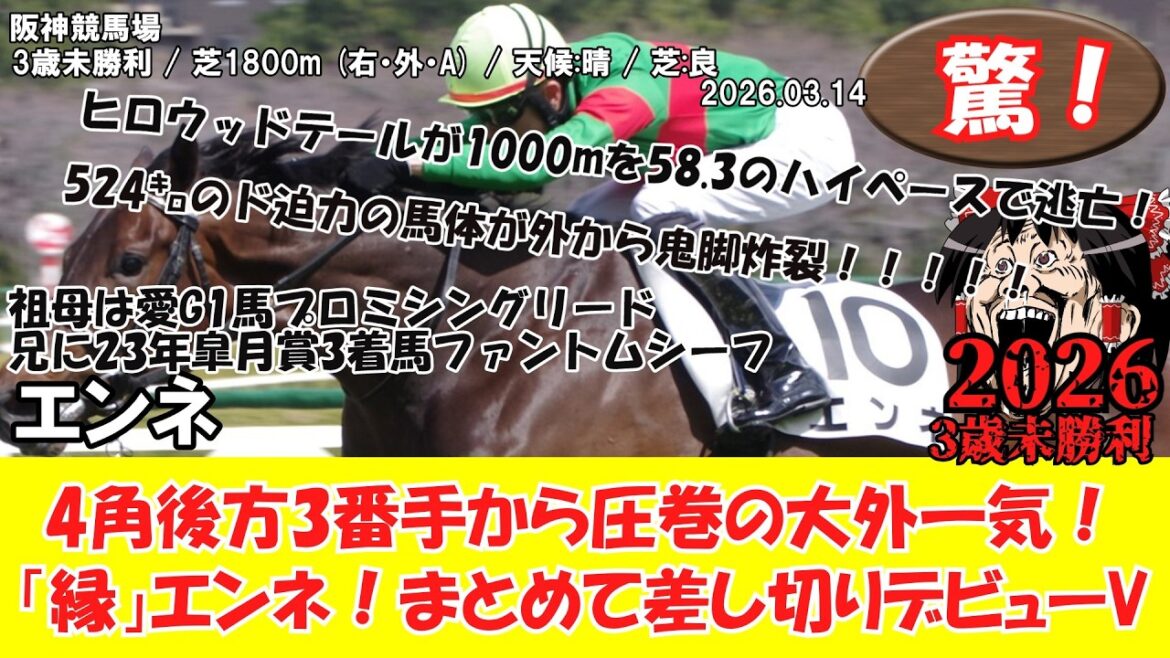 【競馬】 驚き!ファントムシーフの妹圧巻の大外一気でまとめて差し切りデビューV! 3歳未勝利 (2026.03.14・阪神5R) 2026 / エンネ 【競馬】 驚き!ファントムシーフの妹圧巻の大外一気でまとめて差し切りデビューV! 3歳未勝利 (2026.03.14・阪神5R) 2026 / エンネ