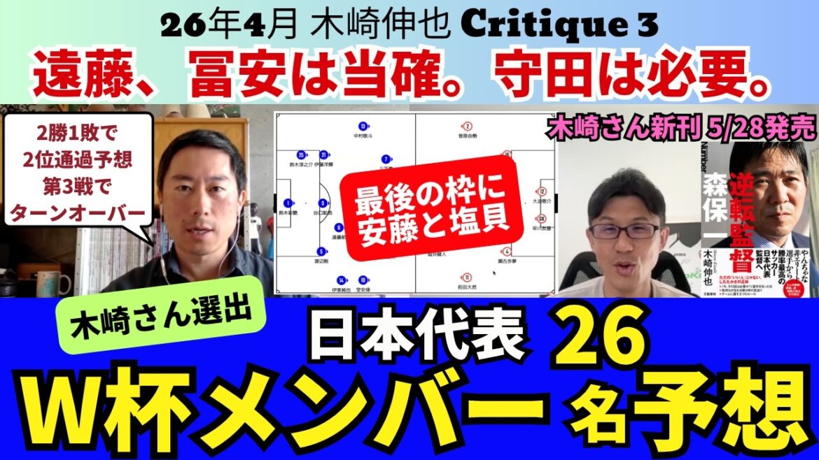 日本代表、W杯メンバー26名予想。遠藤航、冨安健洋は当確。守田英正は必要。最後の枠に安藤智哉と塩貝健人。2勝1敗で2位通過の皮算用。ターンオーバーは第3戦。｜26年4月木崎伸也 Critique 3