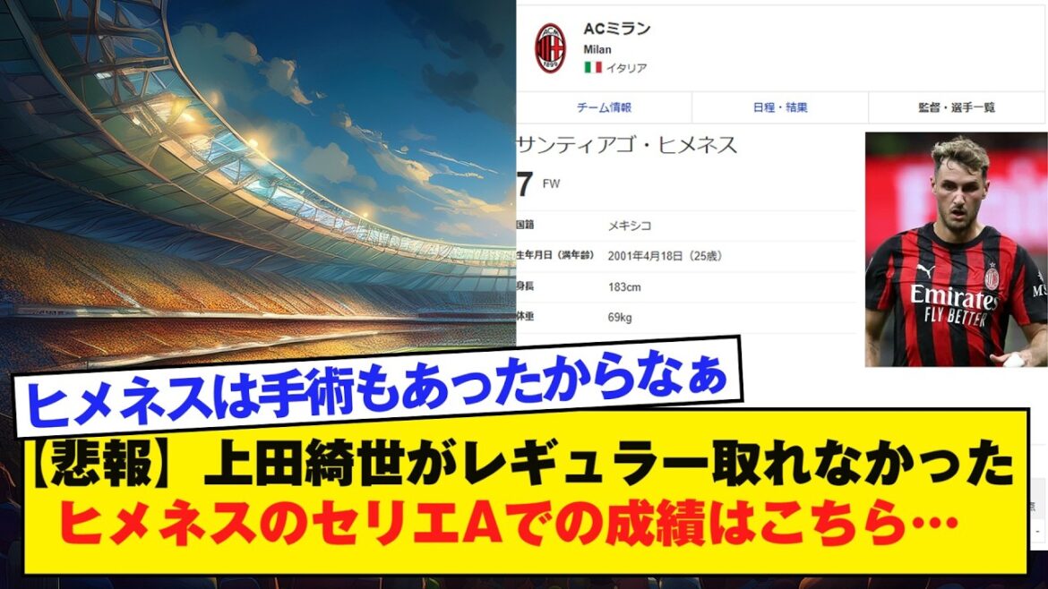 【悲報】上田綺世がレギュラー取れなかったヒメネスのセリエAでの成績はこちら…