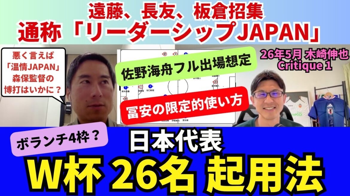 日本代表26名、W杯での起用法。佐野海舟フル出場ありきのボランチ4枠。遠藤、長友、板倉を招集で通称「リーダーシップJAPAN」。冨安の限定的使い方。｜26年5月 木崎伸也 Critique 1