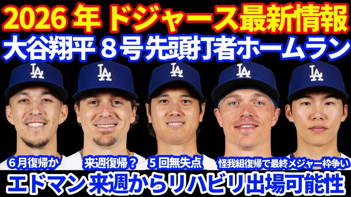 【枠争い】2026年ドジャース最新情報‼️ 大谷翔平 8号先頭打者ホームラン&5回無失点の活躍💪 連勝👏 エドマンが来週からリハビリ出場の可能性 キケは来週復帰予定で最終枠争いも激化