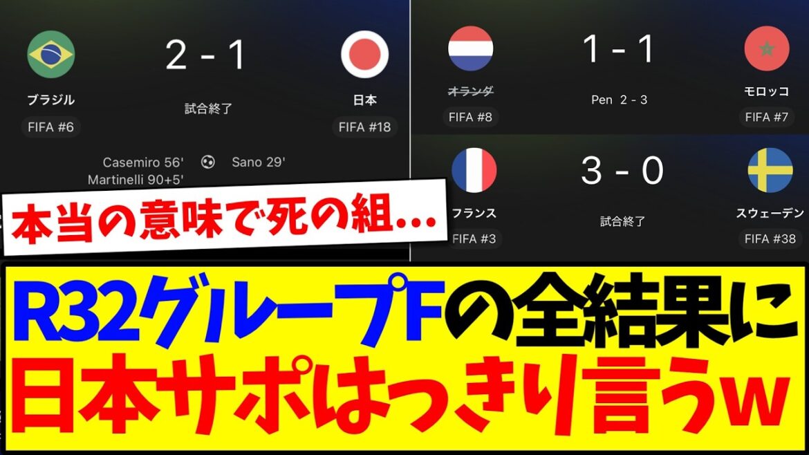 【悲報】ベスト32グループFの全結果に、はっきり言う日本サポの反応がこちらです… 【悲報】ベスト32グループFの全結果に、はっきり言う日本サポの反応がこちらです...